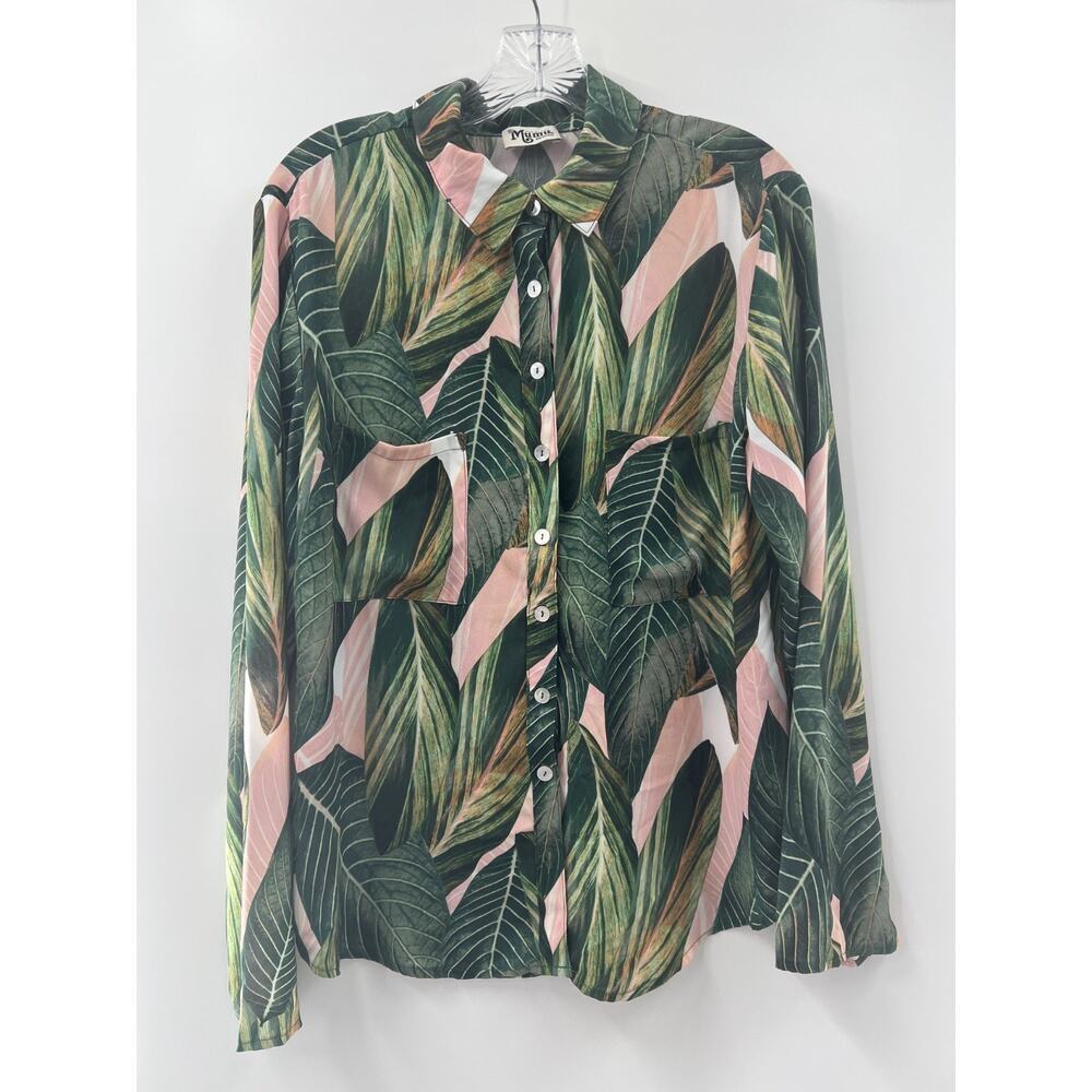 Show Me Your Mumu Tropical Hawaiian Button Down Shirt Pink Green Size Medium